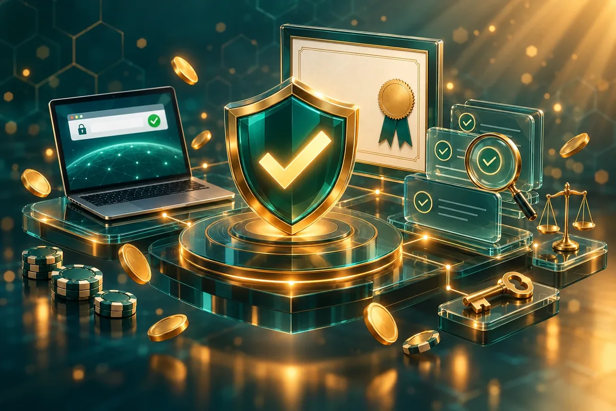 Scut de verificare, certificat de licență și laptop cu lacăt