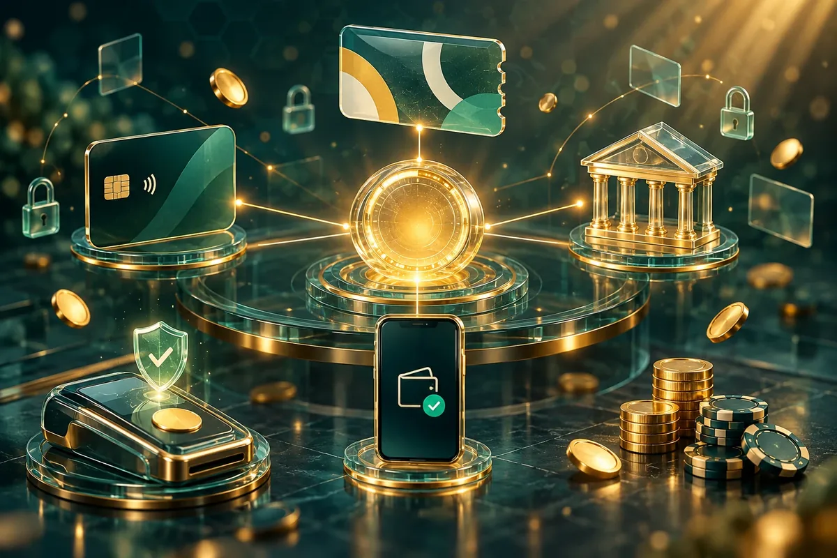 Card bancar, telefon cu portofel electronic și clădire de bancă